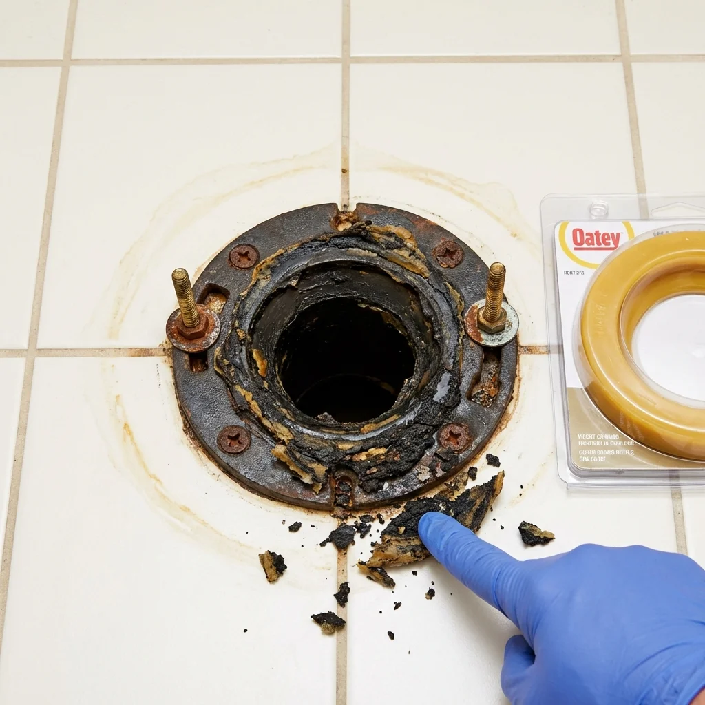 Failed wax ring showing water seepage at the base of a toilet in a Marietta, GA home