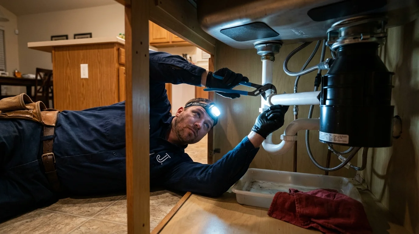 P-trap and supply line connections under a kitchen sink showing a common leak point in Marietta, GA